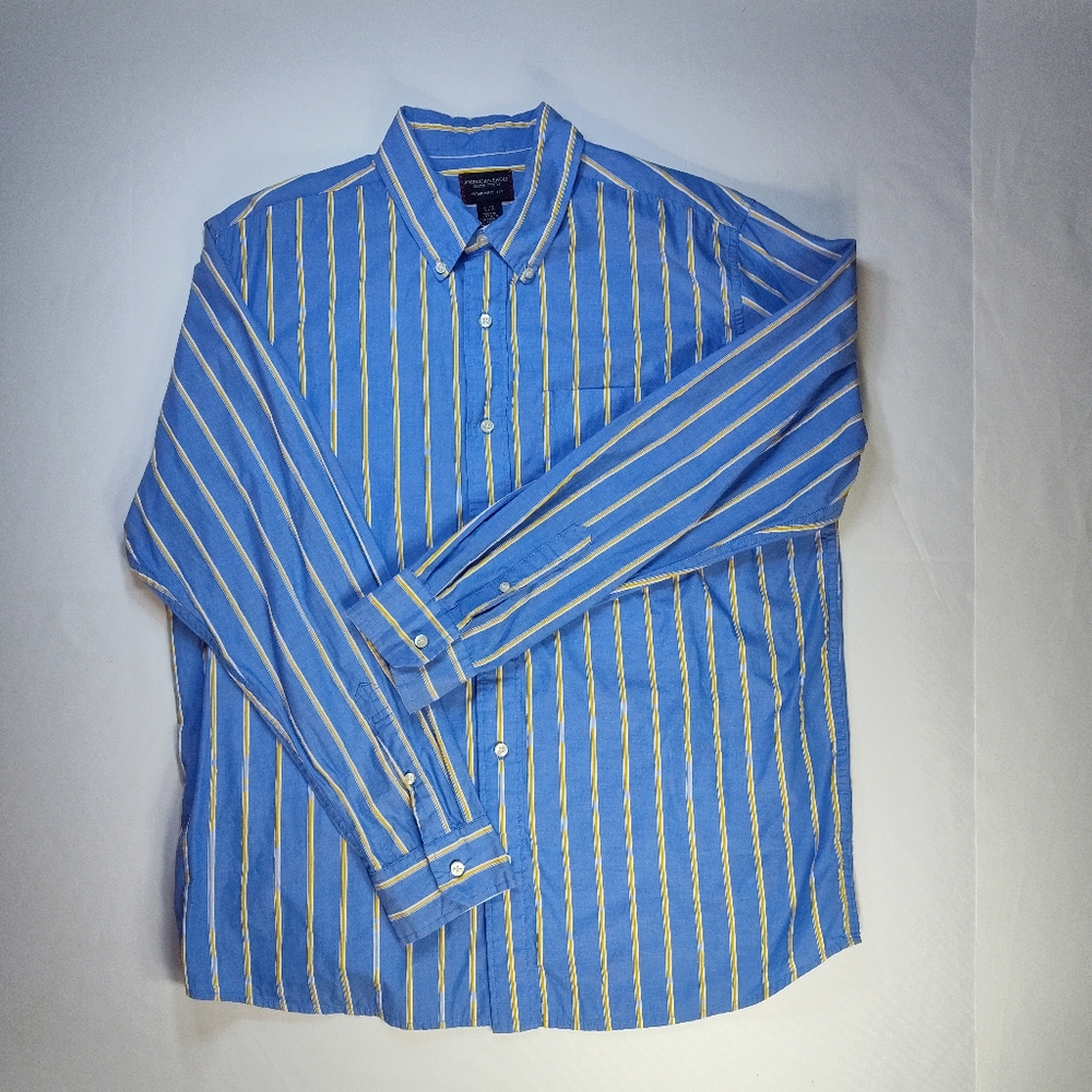 American Eagle Outfitters Blue and Yellow Striped Button Down Collar Shirt Large
